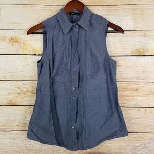 Eddie Bauer‎ Sleeveless Top Womens XS Blue Chambray Button Gathered Front Shirt